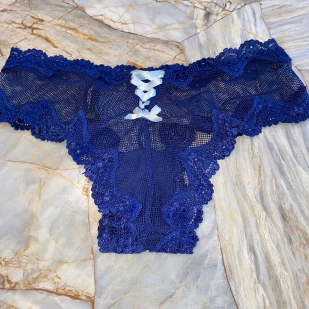 XS Victoria's Secret Navy Blue Cheeky Lace Up Panty Fishnet Panties XSmall